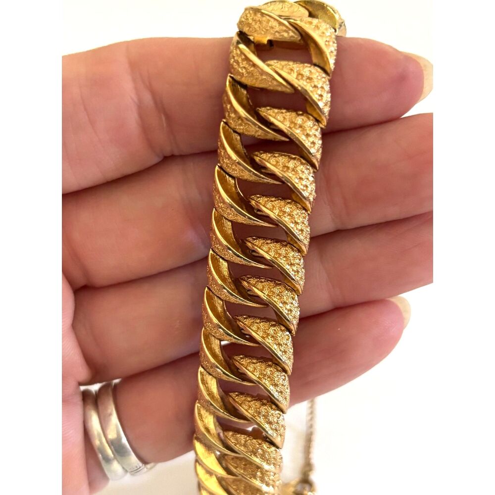 Vintage Monet Gold Tone Link Bracelet Signed Textured Statement Bracelet